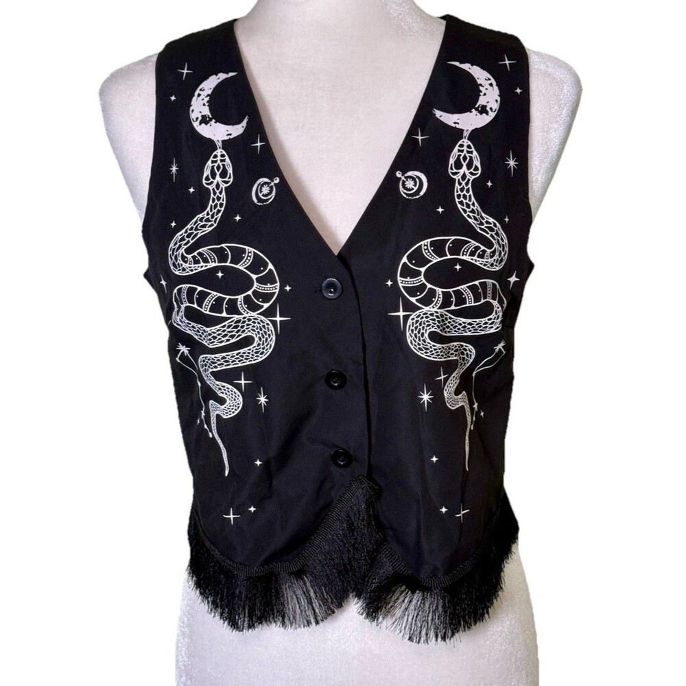 ROMWE Women's Witchy Western Black‎ Vest Snake Moon Print Goth Festival Vest Med